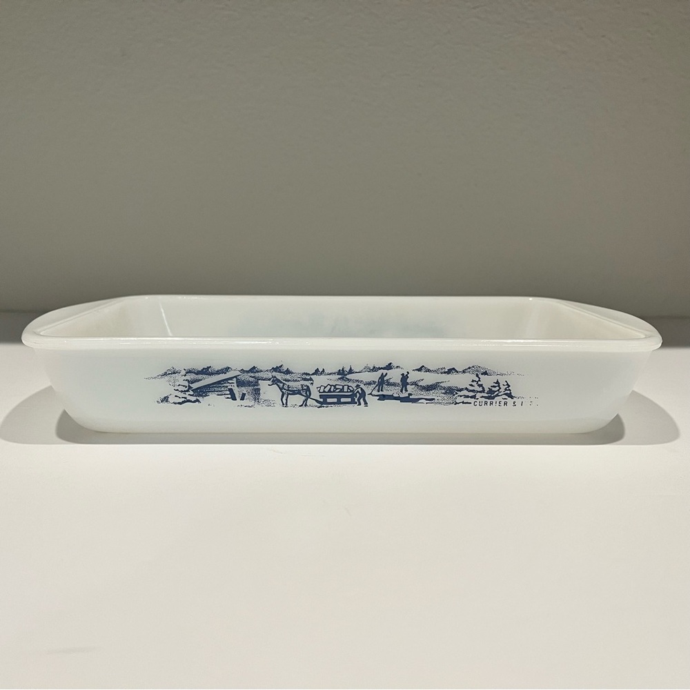 Glasbake Currier and Ives Rectangular Dish with Blue Winter Scenic Design
